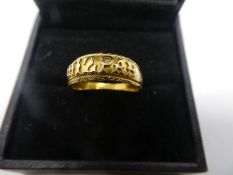 18ct yellow gold 'Mizpah' band ring, marked 18, size Q/R, weight approx 4.4g