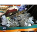 Box of mixed china, glass incl. Poole pottery lamp, cased cutlery etc