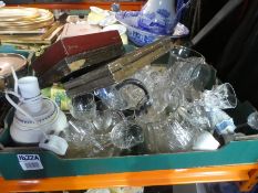 Box of mixed china, glass incl. Poole pottery lamp, cased cutlery etc