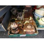 A box of copper items to include kettle, coffee pot, candlesticks, tray and other brass items
