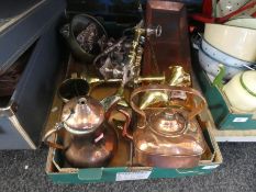 A box of copper items to include kettle, coffee pot, candlesticks, tray and other brass items