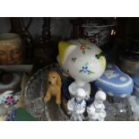 4 Boxes of mixed china, wood and brass items incl. Character jugs and studio pottery vase etc