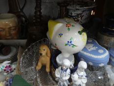 4 Boxes of mixed china, wood and brass items incl. Character jugs and studio pottery vase etc
