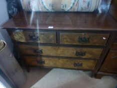 Vintage mahogany chest of 2 short over 2 long drawers on castors and an oak open bookcase