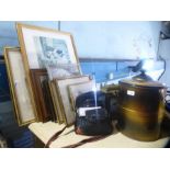 Collection of pictures, clock, camera, enamel breadbin, etc