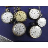 Wicker basket containing various pocket watches, including silver examples 'Acme Lever' ladies, exam