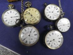 Wicker basket containing various pocket watches, including silver examples 'Acme Lever' ladies, exam