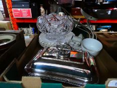 Mixed box of silver plate items and a cut glass bowl, plates, and a picture etc