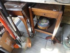 Drop flap table, wooden tea trolley, tapestry stool and a tapestry fire screen