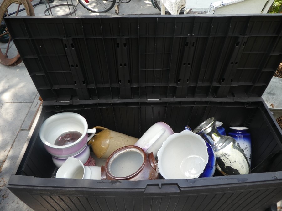 Plastic storage container full of ceramic vases, pots and bowls, metal oval bucket and companion set - Image 2 of 2