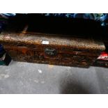 Vintage carved camphorwood lined chest containing vintage items, toys, moneyboxes etc