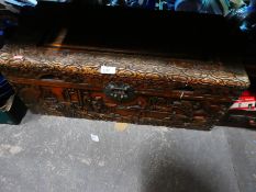 Vintage carved camphorwood lined chest containing vintage items, toys, moneyboxes etc