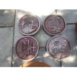 Four oriental tiles, red square planter and two round planters