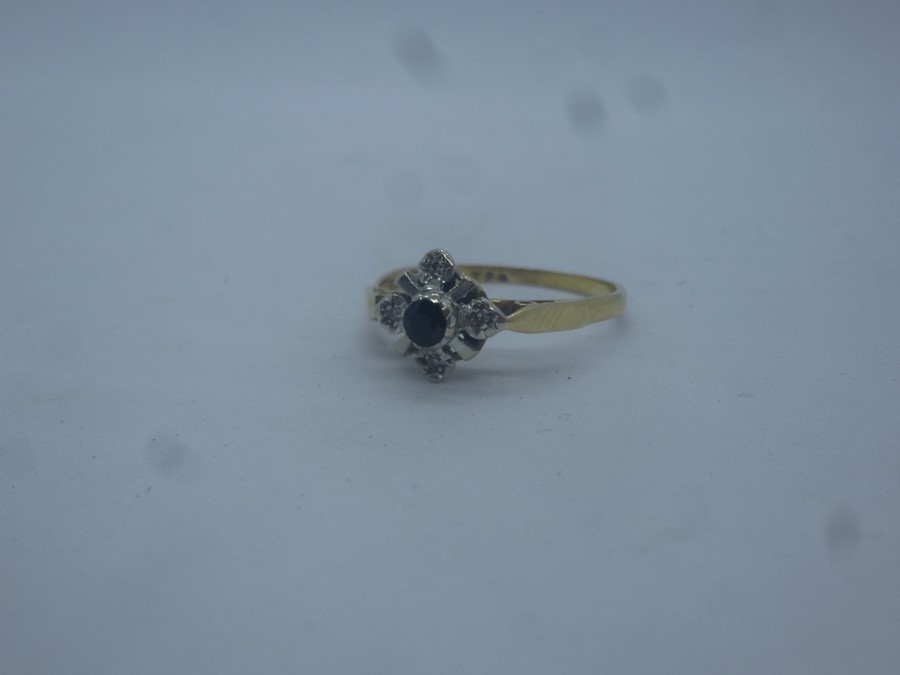 18ct yellow gold sapphire and diamond dress ring, marked 18, size R, approx 2.5g - Image 2 of 2
