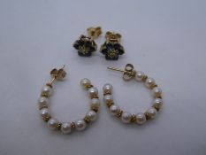 Yellow metal Sapphire cluster ring, backs marked 375 and pair of 9ct seed pearl hoop earrings, backs