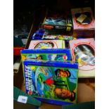 Two boxes of vintage toys, boxes jigsaws, TV and movie related themes