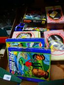 Two boxes of vintage toys, boxes jigsaws, TV and movie related themes