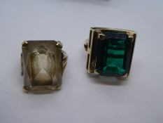 9ct yellow gold dress ring with a mounted emerald cushion cut coloured stone, 1 marked 9ct size L, a