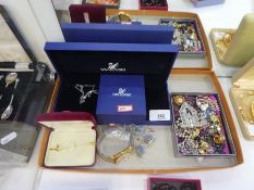 Boxed Swarovski necklace, earrings, small tray of costume jewellery including 9ct gold chain, approx