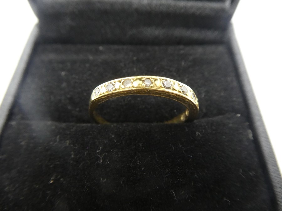 18ct yellow gold band ring with 10 small diamond chips, marked 18ct, size P, approx 2.4g - Image 2 of 3