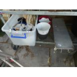 Plastic containers with garden planters, food heater, garden spade, shooting seat, etc