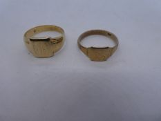 Two 9ct yellow gold signet rings, both marked sizes S & T, weight approx 7.8g