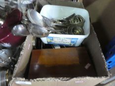 Box of mainly metalware to incl. brass bells, hip flask, stationery kit, cutlery etc
