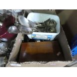 Box of mainly metalware to incl. brass bells, hip flask, stationery kit, cutlery etc