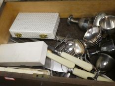 Two boxes of silver plated cutlery, egg cups, spoons etc