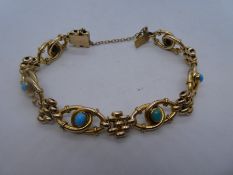 15ct yellow gold pretty design bracelet, set with 6 turquoise stones, marked 15, approx 18g