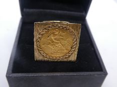 9ct yellow gold mounted half sovereign 1915, Young George, gross weight approx 12.9g, size P, ring m