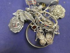 Box of costume jewellery, mainly silver including bangle, brooches, amber stone coloured necklace, c
