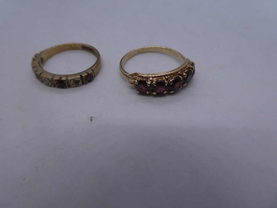 Victorian 9ct yellow gold garnet set ring together with a 9ct Ruby and diamond band ring, marked 375 - Image 2 of 2