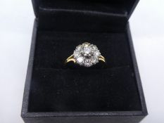 Pretty 18ct yellow gold diamond cluster ring, central diamond approx 0.50 carat, marked 750, size o/