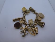 9ct yellow gold charm bracelet hung with 14 charms including passport, poodle, whisky bottle, harp,