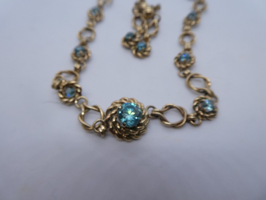 9ct yellow gold necklace and drop earring set of attractive design inset with blue stones, possible - Image 2 of 2