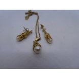9ct yellow gold neckchain hung with a pearl pendant and matching pair of drop earrings marked, 9ct,