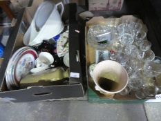 Two boxes to incl. glasses, vase, coins, china, bedpan, Wedgwood etc