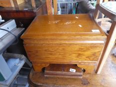 Wooden sewing box, 4 kitchen chairs, small two tier table and a retro kitchen table