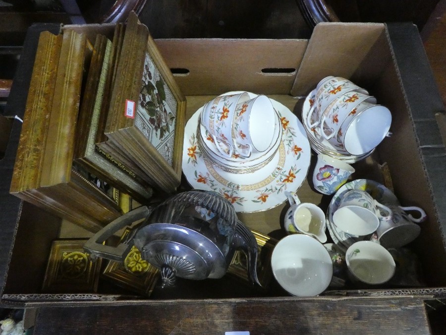 Boxed of mixed china incl. Royal Worcester 'Chamberlain' design teaware, framed tiles etc - Image 2 of 2