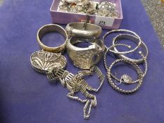 Collection of silver and white metal costume jewellery including lockets, rings, brooches, filigree