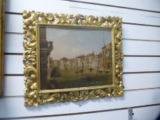 An antique oill on board of Venice canal scene in a carved Florentine frame, 36x29cm