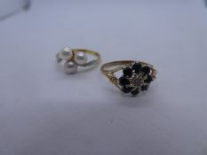 Two 9ct yellow gold dress rings, one set with Sapphires and diamonds and the other with Seed Pearls,