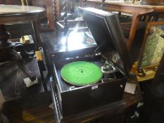 Vintage mahogany cased HMV gramophone and a box records