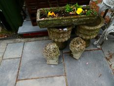 Stone effect rectangular planter, two urn planters and ornaments