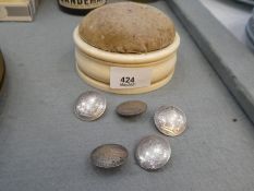 Two 18th century 20 Krajcar coins and three other 19th century coins turned into buttons, contained