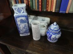 Oriental blue and white ginger jar depicting landscape, blue and white vase, ginger jar and pierced