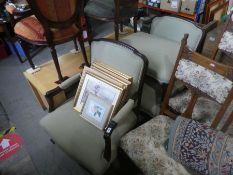 2 green fabric upholstered large lounge armchairs and a matching footstool.