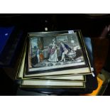 Tray containing postcard albums, framed and glazed etchings, collection of framed and glazed etching