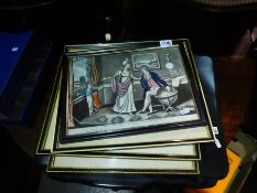 Tray containing postcard albums, framed and glazed etchings, collection of framed and glazed etching